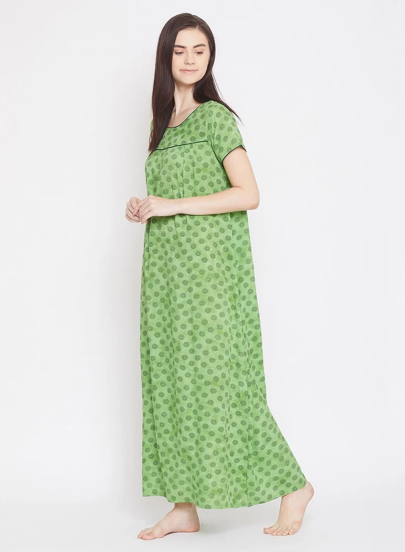 كلوفيا Clovia Print Me Pretty Long Nighty In Green - Rayon