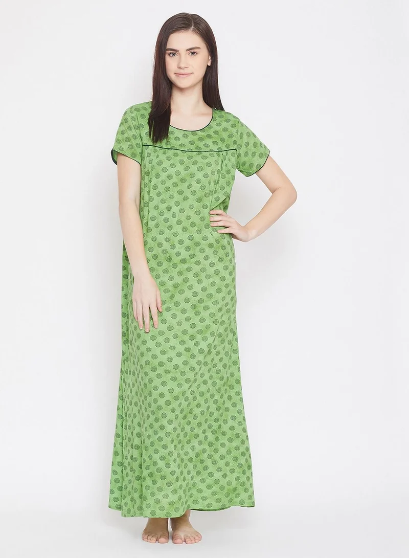 كلوفيا Clovia Print Me Pretty Long Nighty In Green - Rayon
