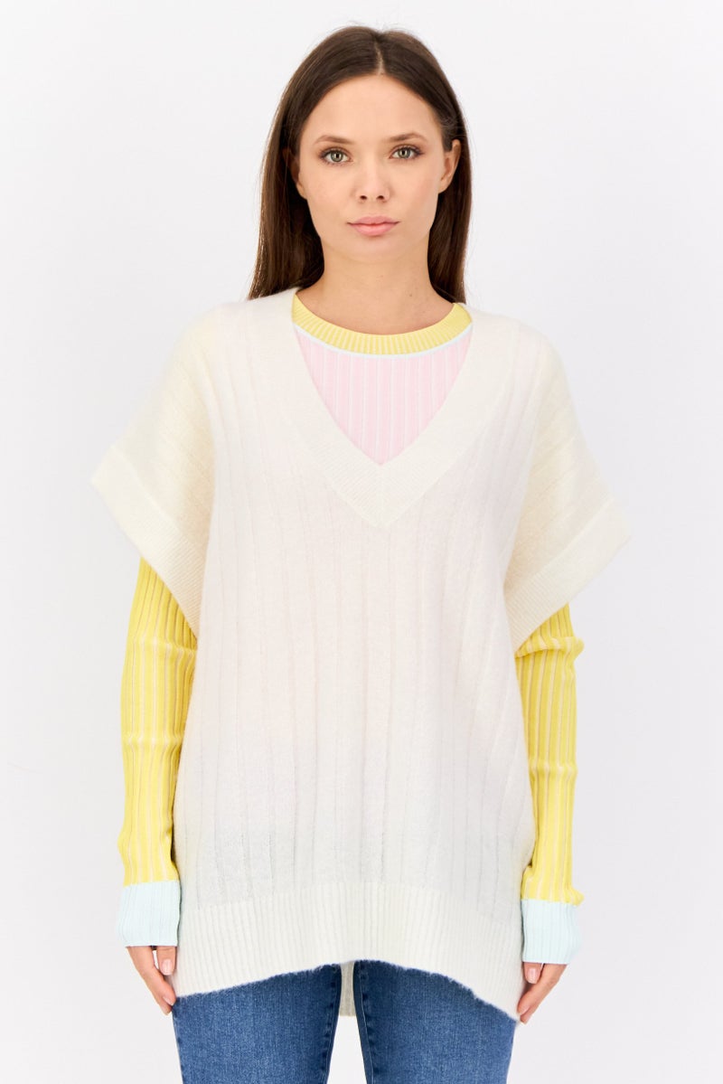 ESPRIT Women Oversized Fit V Neck Knitted Sweaters, White - Image 1