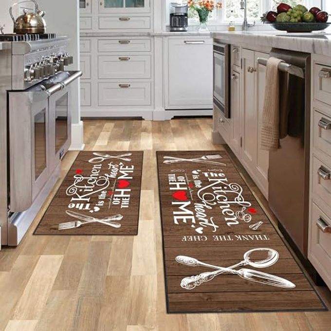 JWXCBIM 2 Piece Farmhouse Kitchen Rug Set, Brown and White Rustic Vintage Style Theme Decor Kitchen Rugs, Absorbent Washable Floor Mats, Home Indoor Runner Carpet 17x30+17x47 Inches - Image 1