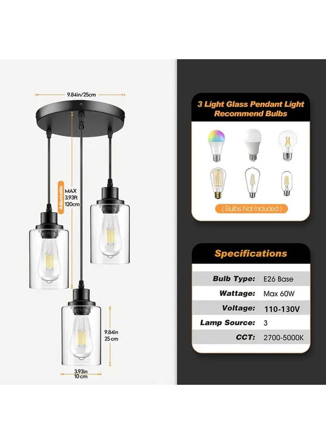 3 Light Industrial Pendant Light Fixture Black Metal Hanging Chandelier With Glass Shades Vintage Style Flush Mount Swag Lighting For Kitchen Dining Room Hallway Bedroom E26 Base Hardwired Switch Control 110 130V Modern Industrial Design Sleek Metallic Finish - Image 3