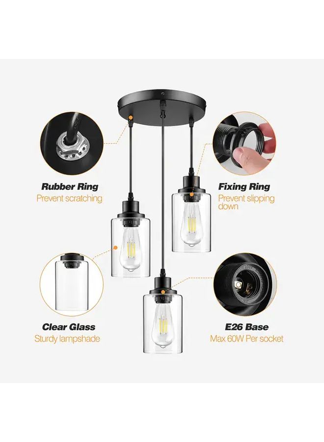 3 Light Industrial Pendant Light Fixture Black Metal Hanging Chandelier With Glass Shades Vintage Style Flush Mount Swag Lighting For Kitchen Dining Room Hallway Bedroom E26 Base Hardwired Switch Control 110 130V Modern Industrial Design Sleek Metallic Finish - Image 2
