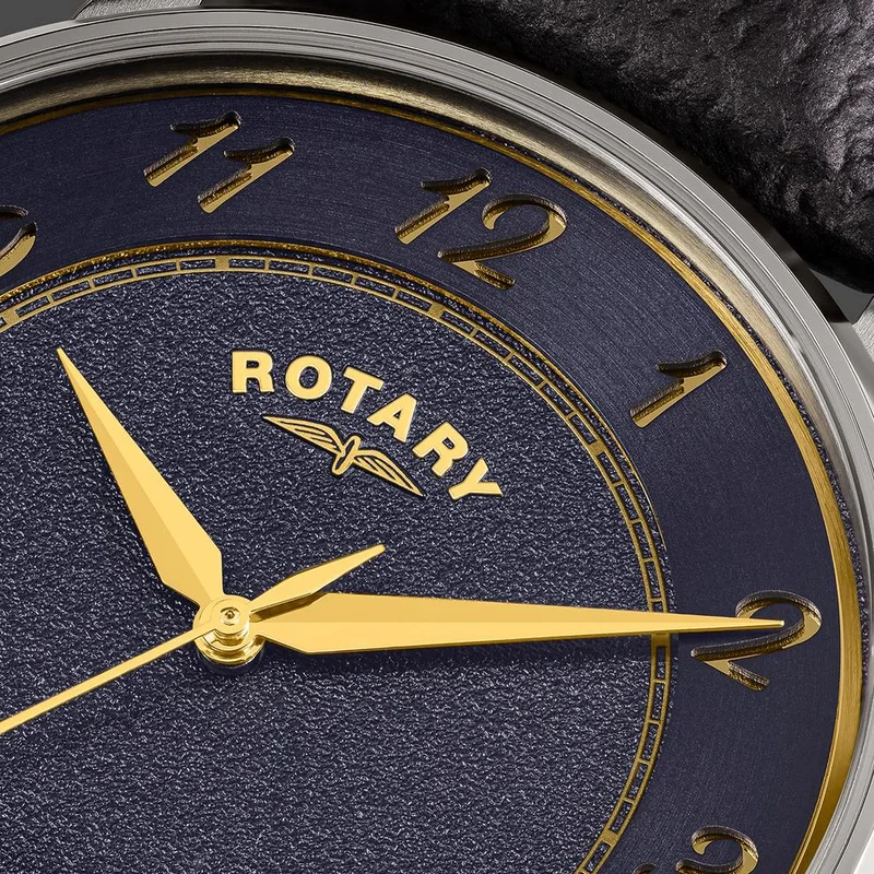 روتاري ساعة Rotary Heritage الرجالية من الفولاذ المقاوم للصدأ، ميناء أزرق داكن وحزام جلدي أسود - RGS10083/05