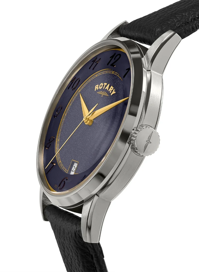 Rotary Men's Heritage Analogue Watch, 39 mm, Blue Dial, Black Leather Strap