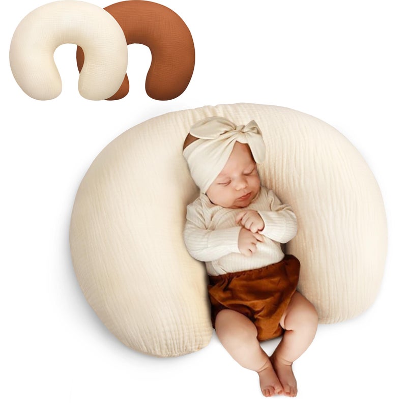 Pro Goleem Muslin Nursing Pillow Cover, 100% Cotton Soft Breathable Feeding Pillow Slipcover for Breastfeeding Moms, Fits Standard Infant Nursing Pillow, for Boys and Girls, 2 Pack (Brownï¼†Beige) - Image 1