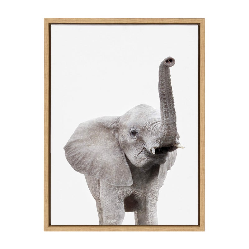 Kate and Laurel Kate and Laurel Sylvie Elephant with Raised Trunk Animal Print Portrait Framed Canvas Wall Art by Amy Peterson 18x24 Natural
