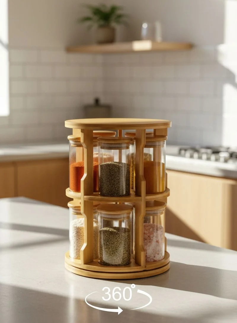 1Chase  Rotating Bamboo Spice Rack with 10 Glass Jars – 360° Kitchen Organizer (270ML Each)  | Best Price UAE