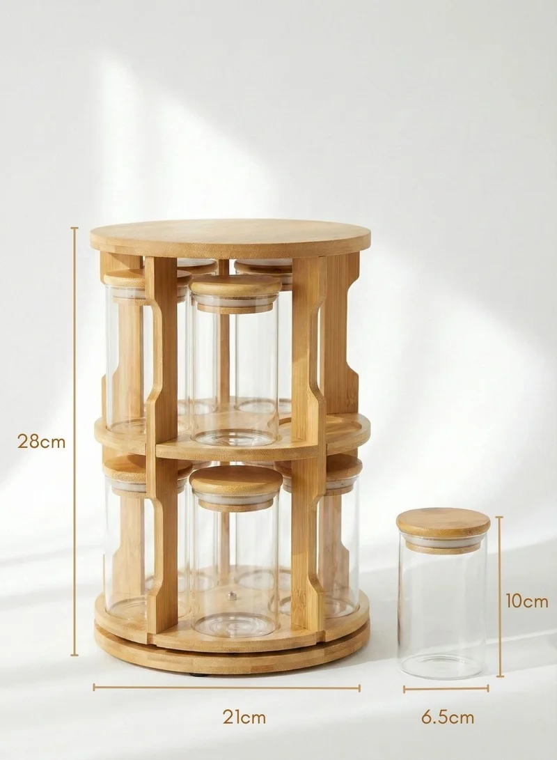 1Chase  Rotating Bamboo Spice Rack with 10 Glass Jars – 360° Kitchen Organizer (270ML Each)  | Best Price UAE
