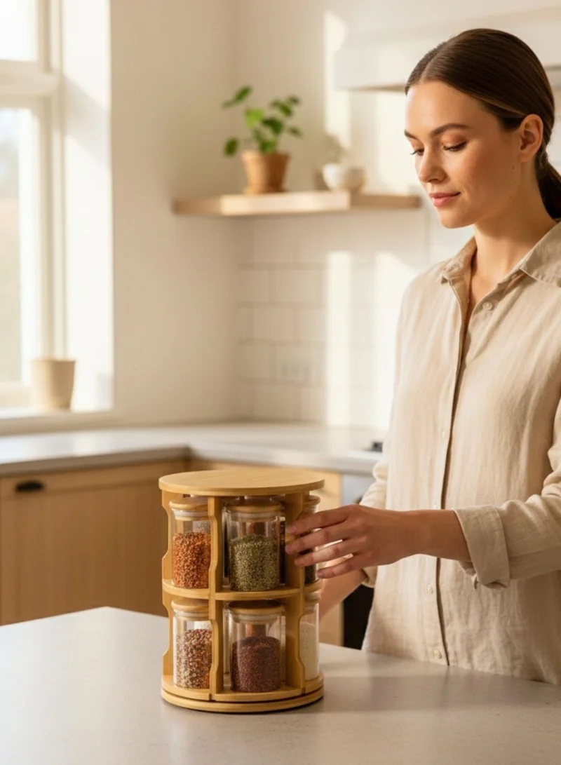 1Chase  Rotating Bamboo Spice Rack with 10 Glass Jars – 360° Kitchen Organizer (270ML Each)  | Best Price UAE