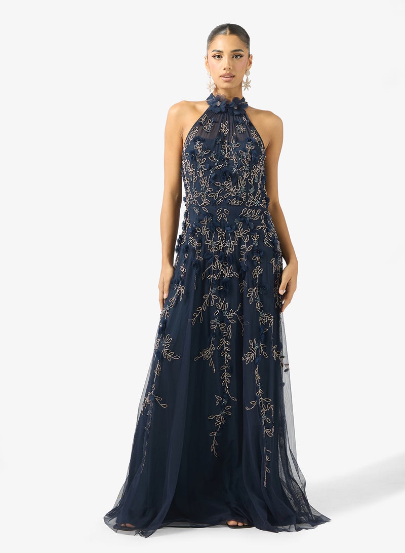 Adrianna Papell Embroidered Halterneck Maxi Dress - Image 1