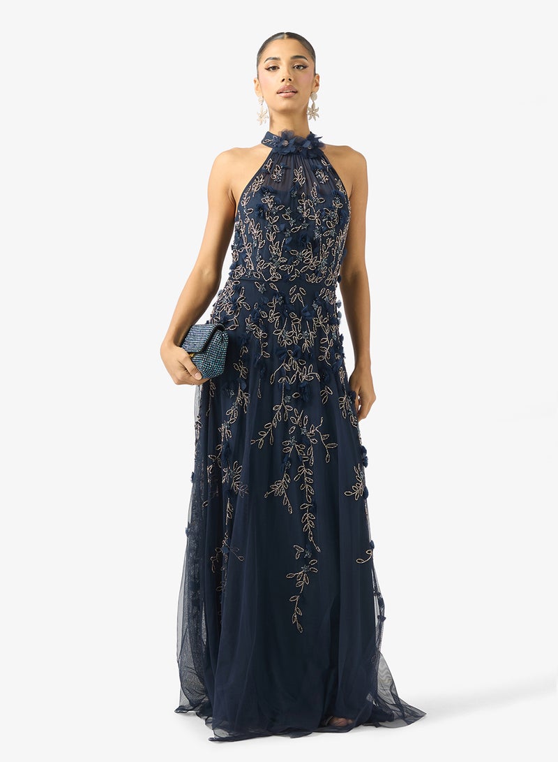 Adrianna Papell Embroidered Halterneck Maxi Dress - Image 4