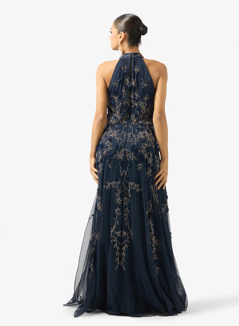 Adrianna Papell Embroidered Halterneck Maxi Dress