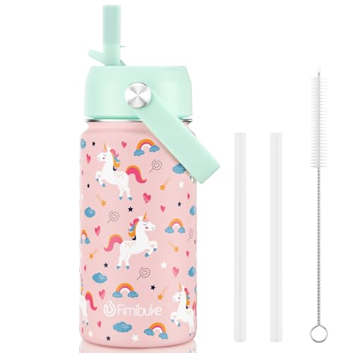 Fimibuke Kids Insulated Water Bottle, 14oz BPA FREE 18/8 Stainless Steel Travel Tumbler Double Wall Vacuum Leak Proof Kids Cup with Straw Metal Water Bottle for School Boys Girls(1 Pack, UNICORN) - Image 1