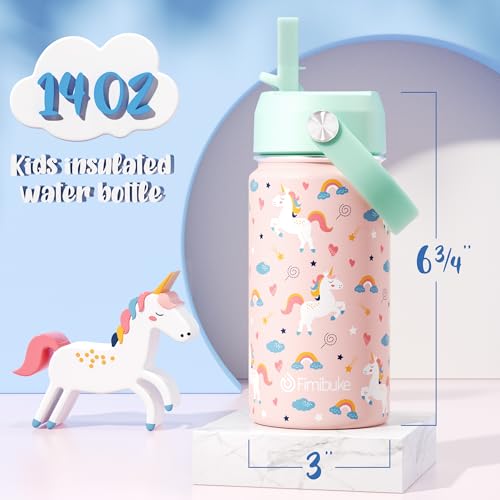 Fimibuke Kids Insulated Water Bottle, 14oz BPA FREE 18/8 Stainless Steel Travel Tumbler Double Wall Vacuum Leak Proof Kids Cup with Straw Metal Water Bottle for School Boys Girls(1 Pack, UNICORN) - Image 2