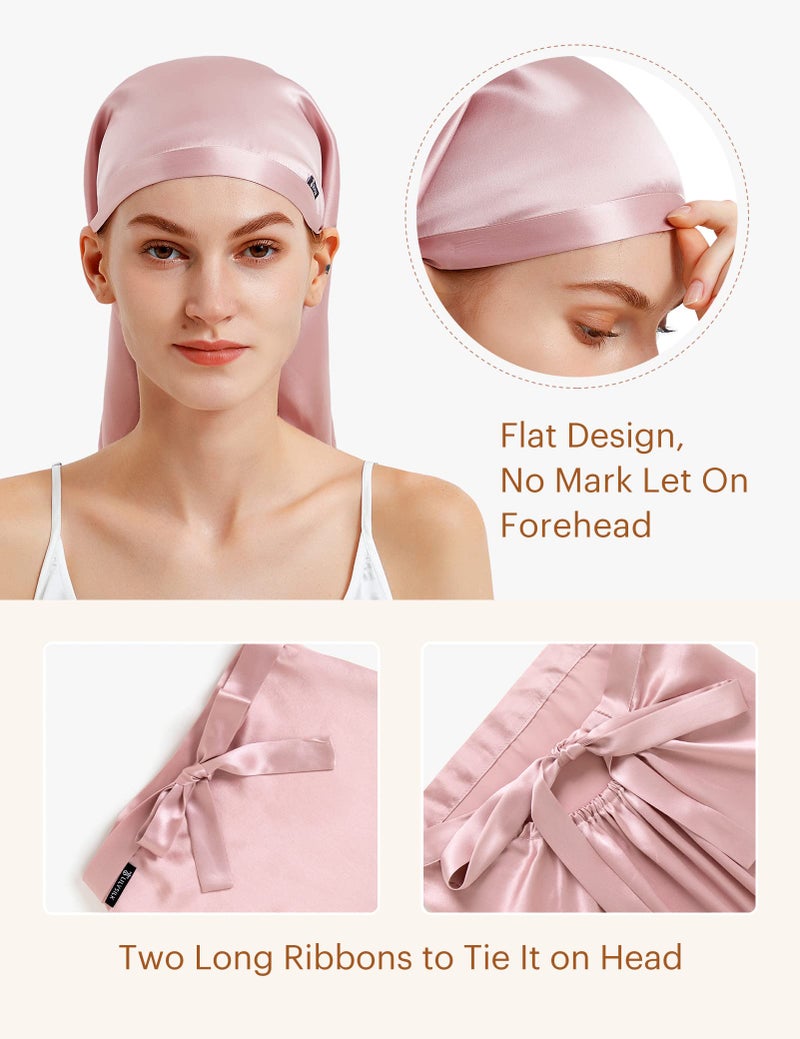 LilySilk غطاء نوم من حرير التوت من ليلي سيلك 100% 19 مومي غطاء حرير طويل للشعر المجعد، غطاء ليلي للنوم، لفافة شعر حرير للنساء باللون الوردي الفاتح - Image 4