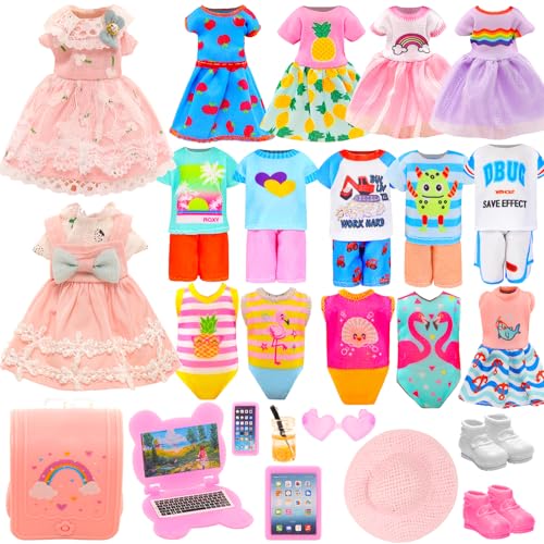 ENOCHT 20 Pcs 53 Inch Doll Clothes Accessories Include 5 Dresses 3 Outfits Tops and Pants 3 Swimsuits with 2 Shoes 1 Backpack 1 Laptop 1 Pad 1 Glasses 1 Drink 1 Hat for 53 6 Inch Dolls - Image 1