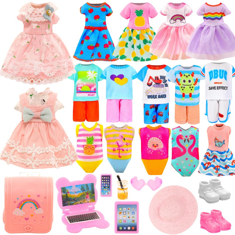 ENOCHT 20 Pcs 53 Inch Doll Clothes Accessories Include 5 Dresses 3 Outfits Tops and Pants 3 Swimsuits with 2 Shoes 1 Backpack 1 Laptop 1 Pad 1 Glasses 1 Drink 1 Hat for 53 6 Inch Dolls - Image 4