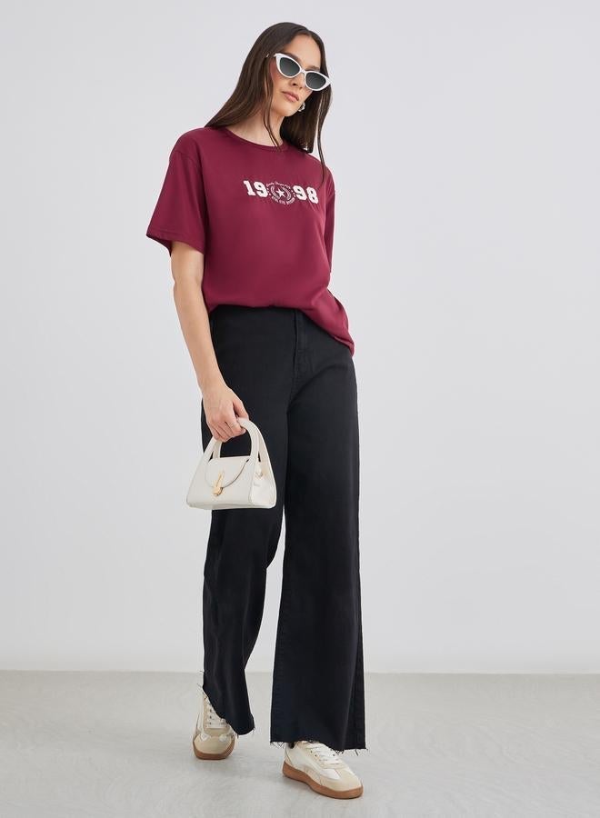 Styli Women Burgundy 1998 Graphic Print Short Sleeve Oversized T-Shirt - Image 2