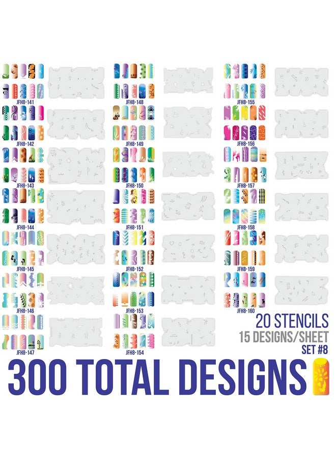 كاستم بودي آرت قوالب أظافر مخصصة لفن الجسم باستخدام رذاذ الهواء - مجموعة سلسلة التصميم رقم 8 تتضمن 20 قالب أظافر فردي مع 16 تصميمًا لكل منها بإجمالي 320 تصميمًا من السلسلة رقم 8 - Image 2