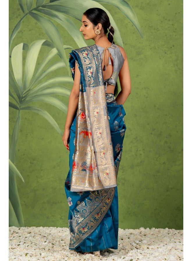 Subham Women's Silk Cotton Banarasi Soft Saree with Blouse Piece | Jacquard Design Kanjivaram Sarees | Golden Zari (46094 - Dark Rama Blue, Golden) - Image 3