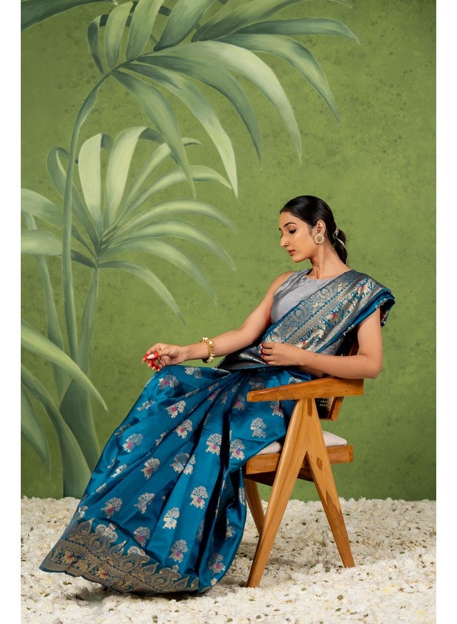 Subham Women's Silk Cotton Banarasi Soft Saree with Blouse Piece | Jacquard Design Kanjivaram Sarees | Golden Zari (46094 - Dark Rama Blue, Golden) - Image 2