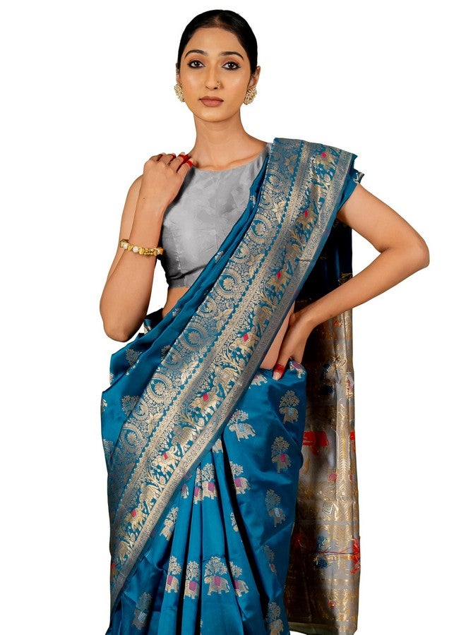 Subham Women's Silk Cotton Banarasi Soft Saree with Blouse Piece | Jacquard Design Kanjivaram Sarees | Golden Zari (46094 - Dark Rama Blue, Golden) - Image 1