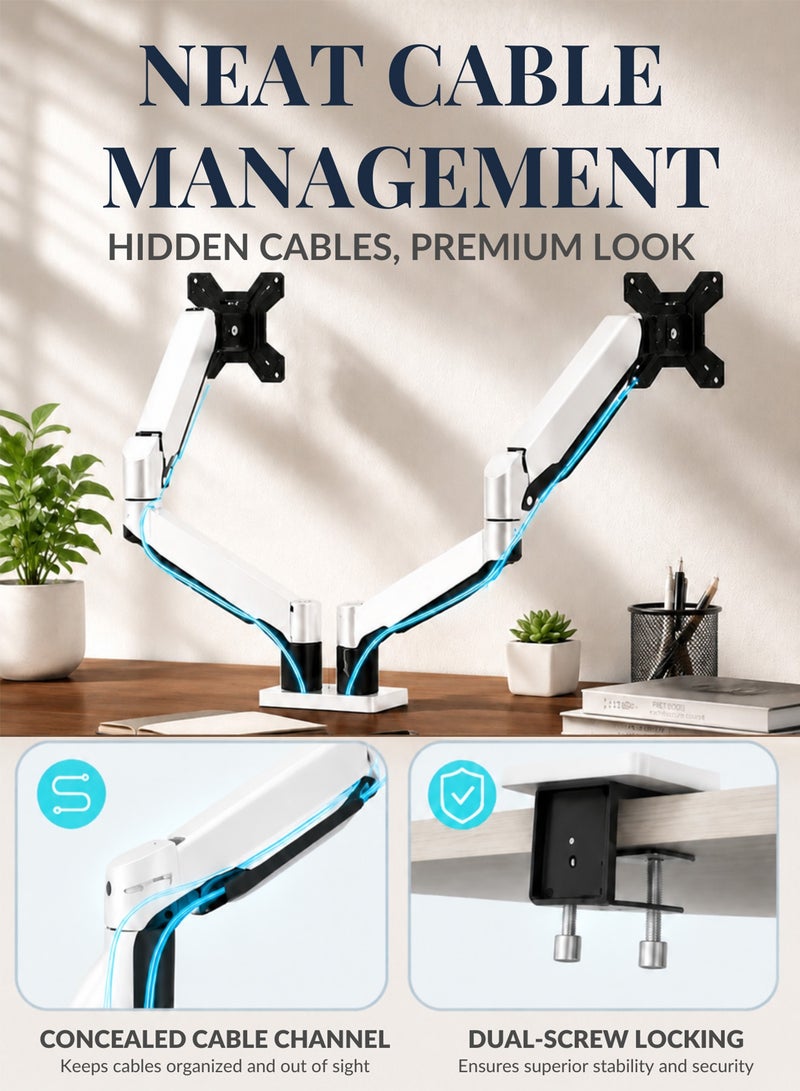 DRAKLAW Dual Monitor Stand,Fully Adjustable Gaming Monitor Desk Mount, Full Motion Monitor Arm (Single-arm load holds up to 2-9KG) with Gas Spring for 13 to 32 Inch LCD LED Computer Monitor - White - Image 4
