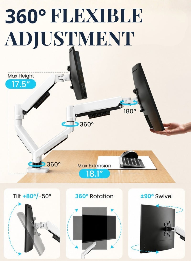 DRAKLAW Dual Monitor Stand,Fully Adjustable Gaming Monitor Desk Mount, Full Motion Monitor Arm (Single-arm load holds up to 2-9KG) with Gas Spring for 13 to 32 Inch LCD LED Computer Monitor - White - Image 3