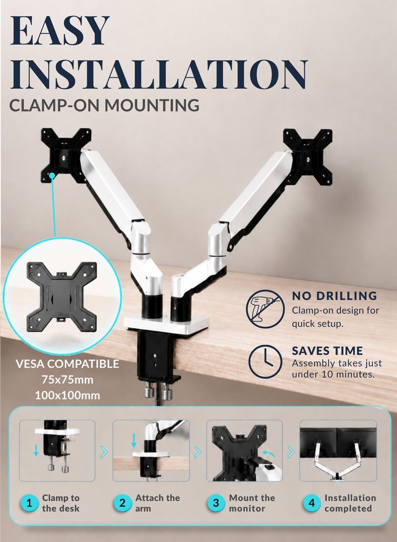 DRAKLAW Dual Monitor Stand,Fully Adjustable Gaming Monitor Desk Mount, Full Motion Monitor Arm (Single-arm load holds up to 2-9KG) with Gas Spring for 13 to 32 Inch LCD LED Computer Monitor - White - Image 5