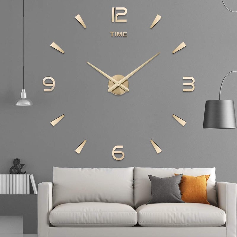 AILILIFE مجموعة ساعة حائط ثلاثية الأبعاد من DIY مع ملصقات مرآة بدون إطار كبيرة لتزيين المنزل وغرفة المعيشة وغرفة النوم والمكتب (ذهبي) - Image 2