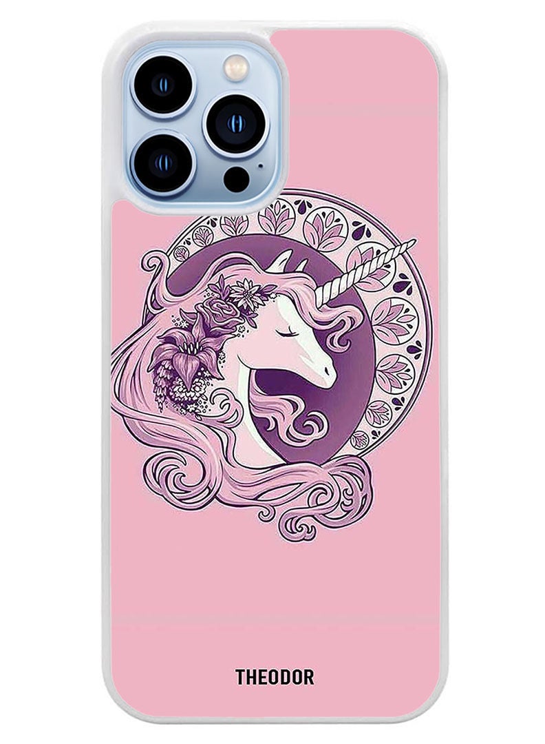 Theodor Protective Case Cover For APPLE IPHONE 14 Pro Pink Unicorn (White Bumper) - Image 1