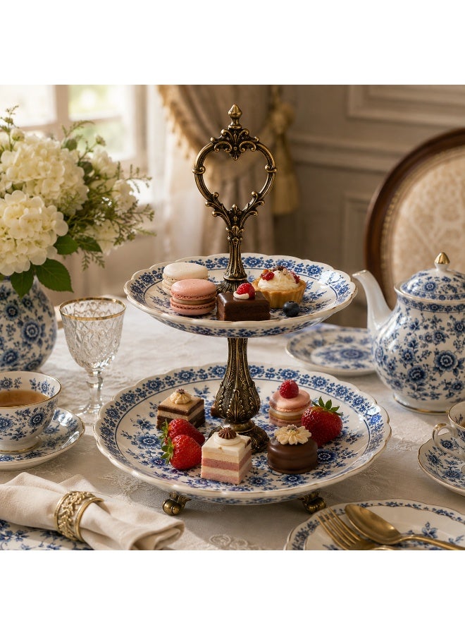 2-Tier Porcelain Serving Stand, Blue Floral Pattern with Antique Gold-Tone Metal, 45 cm High - Image 5