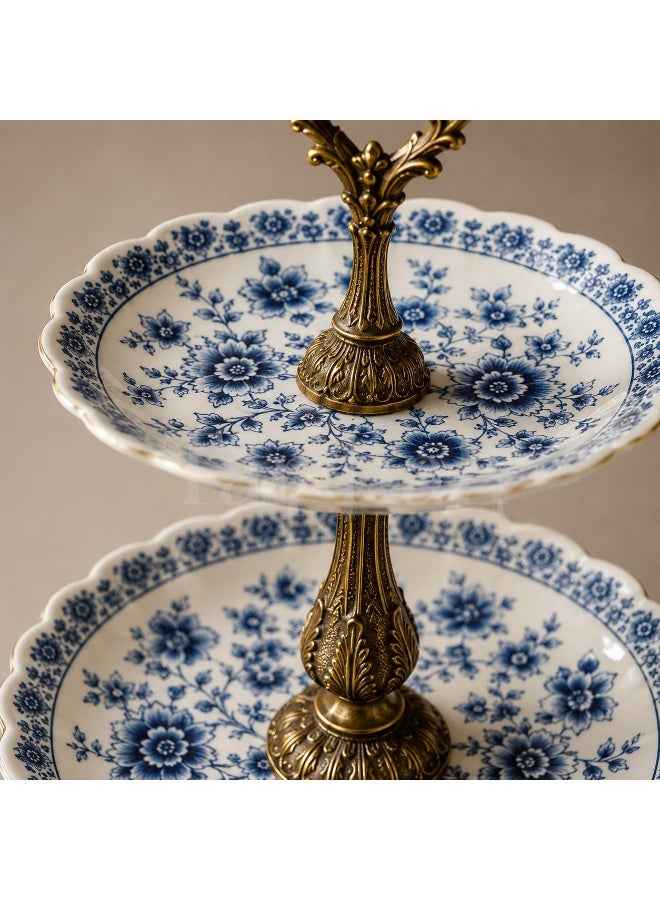 2-Tier Porcelain Serving Stand, Blue Floral Pattern with Antique Gold-Tone Metal, 45 cm High - Image 3