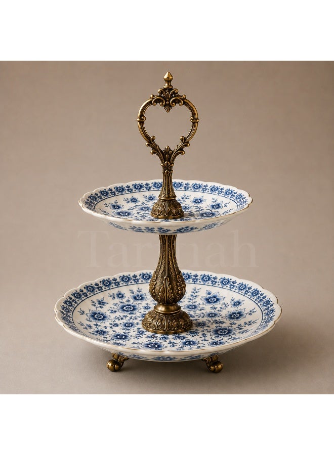 2-Tier Porcelain Serving Stand, Blue Floral Pattern with Antique Gold-Tone Metal, 45 cm High - Image 2