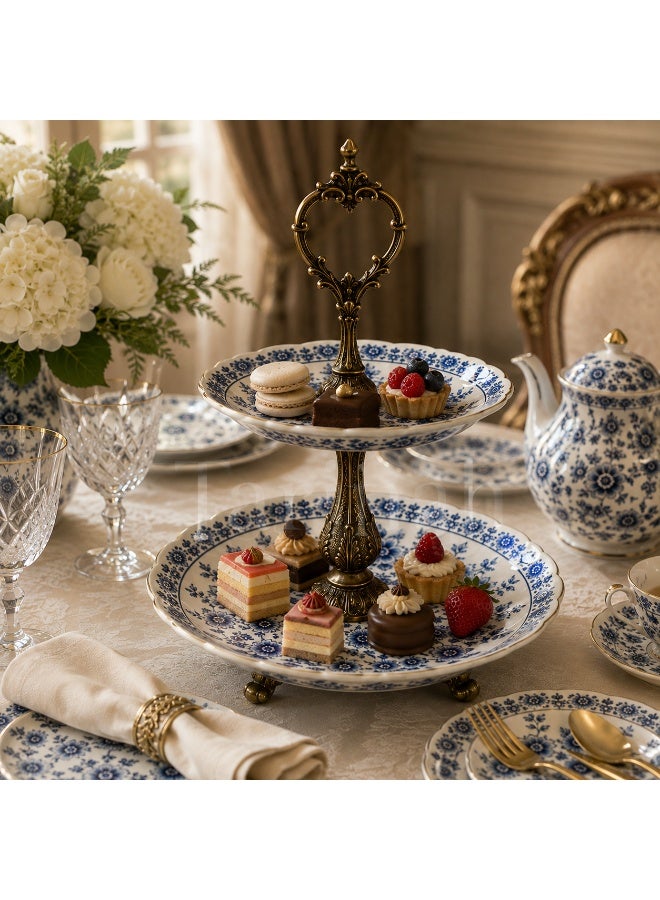 2-Tier Porcelain Serving Stand, Blue Floral Pattern with Antique Gold-Tone Metal, 45 cm High - Image 4