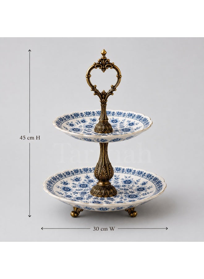 2-Tier Porcelain Serving Stand, Blue Floral Pattern with Antique Gold-Tone Metal, 45 cm High - Image 1