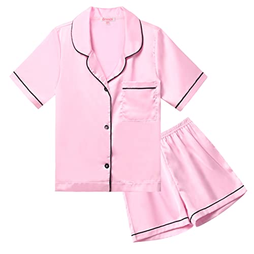 QPANCY Satin Kid Pajamas Big Girls Silk Pjs Set Boys Sleepwear Button-up Lounge Sets Pink Short Sleeve Nightwear Size 10 11 - Image 1