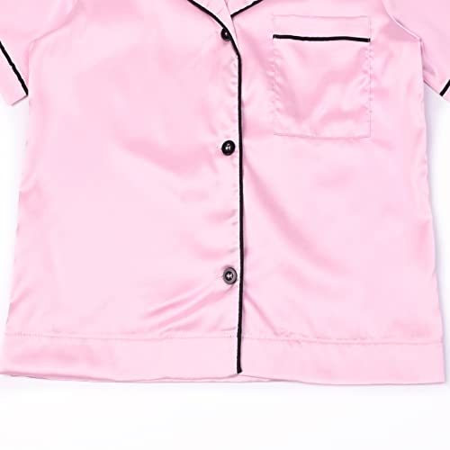 QPANCY Satin Kid Pajamas Big Girls Silk Pjs Set Boys Sleepwear Button-up Lounge Sets Pink Short Sleeve Nightwear Size 10 11 - Image 5