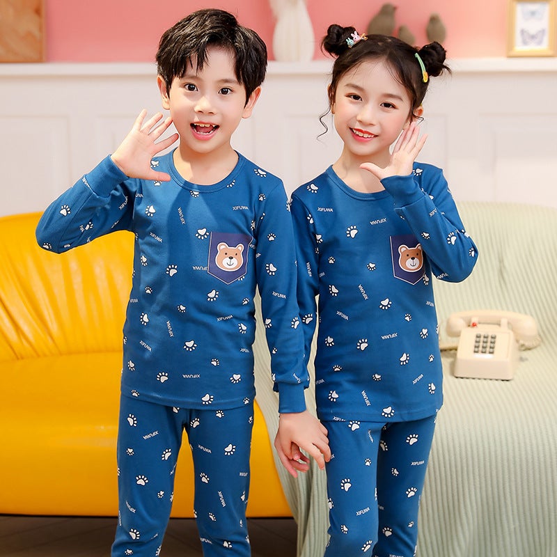 2023 new childrens clothing autumn and winter cotton underwear set boys and girls close-fitting underwear home clothing A autumn pants Blue Bear (set) 