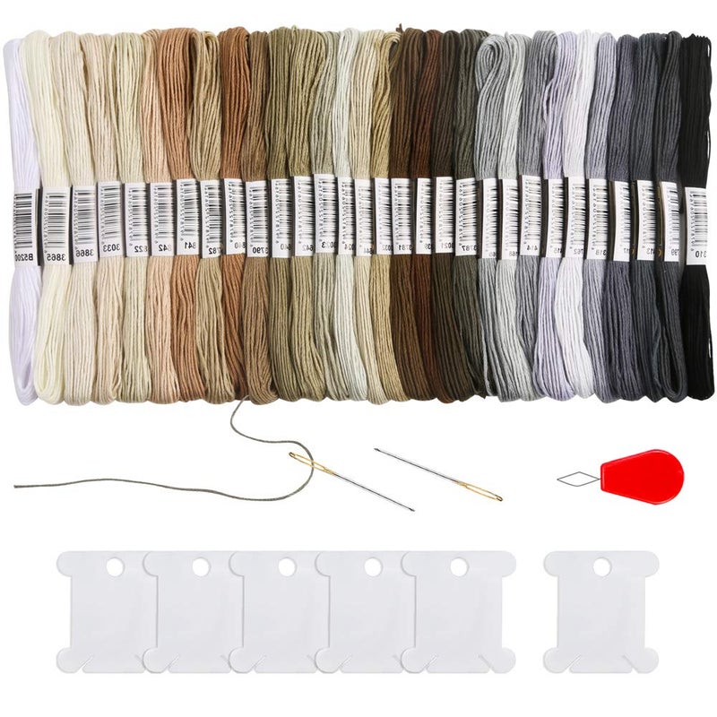 Pllieay 30 Skeins Friendship Bracelets Floss Black to White Gradient Grey Embroidery Floss Cross Stitch Threads with 6 Floss Bobbins 2 Embroidery Needles and Needle Threader