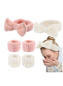CoomBe 6 Pcs Cute Bow Hair Band and Wristband Set, Women Spa Headband for Washing Face, Makeup Hair Band bathroom accessories White and Pink  - Image 1