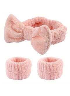 CoomBe 6 Pcs Cute Bow Hair Band and Wristband Set, Women Spa Headband for Washing Face, Makeup Hair Band bathroom accessories White and Pink  - Image 2
