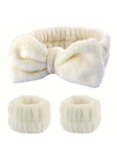 CoomBe 6 Pcs Cute Bow Hair Band and Wristband Set, Women Spa Headband for Washing Face, Makeup Hair Band bathroom accessories White and Pink  - Image 3