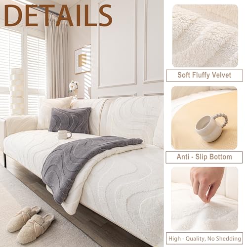 KaviKon Couch Cover Sofa Covers Washable Velvet Fleece Sofa Slipcovers for 3 Cushion Couch NonSlip Furniture Protector for Dog Pet L Shaped Recliner Sectional Couch Cover White36X71Only 1 Pcs - Image 3