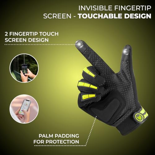 BADOWL Wind Rider Full Finger Motorcycle Riding Gloves with Touchscreen Fingertips and Knuckle Protection – Anti-Slip Grip (Neon Green, XL) - Image 3