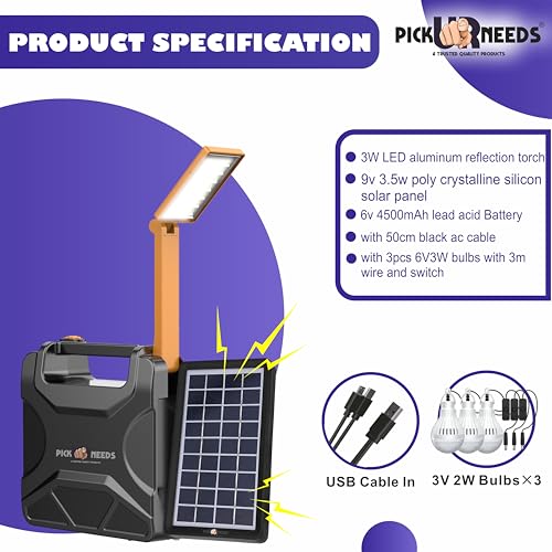 Pick Ur Needs Solar Rechargeable Emergency Inverter Torch Lamp with 3 Individual 6 Volt Led Bulbs & Charging Cable 140W Kit - Image 5