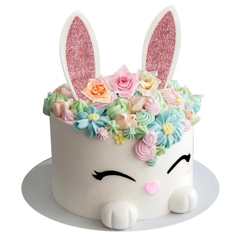 DiDida Bunny Cake Topper with Ear Foot Flowers Eye Nose for Bunny Rabbit Baby Shower and Easter - Image 2