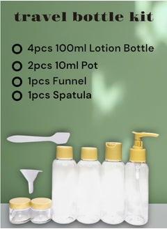 VENDIX 8-Piece Travel Bottle Kit - Refillable Containers for Cosmetic, Empty Pressure Spray Bottle, Transparent Plastic Travel Kit, (4 x 100ml Bottles, 2 x 10ml Jars, Funnel, Spatula)  - Image 3