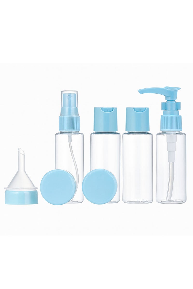 فيندكس مجموعة زجاجات سفر من 8 قطع - حاويات قابلة لإعادة التعبئة لمستحضرات التجميل، زجاجة رذاذ فارغة مضغوطة، مجموعة سفر بلاستيكية شفافة، (4 زجاجات × 100 مل، 2 برطمان × 10 مل، قمع، ملعقة مسطحة) - Image 1