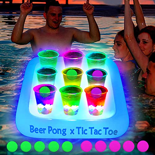 Ahuimeius 23 x 23 Inch Glowing Pool Party Rack Tic Tac Toe Floating Rafts Swimming Pool Pong Party Game Drinking Game and Drink Holder Includes 1 Rafts 9 Cups and 10 Pong Balls Flashing Color 1 - Image 1
